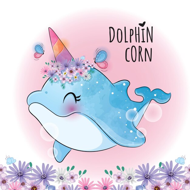 Lindo animal delfín unicornio ilustración Ilustración de fondo