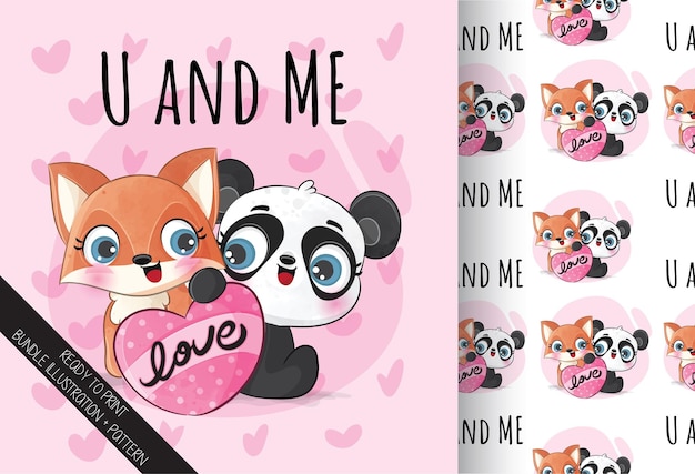 Lindo animal encantador zorro con panda ilustración Ilustración de fondo