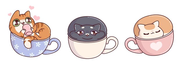 Un lindo animal gato en una taza de café Ilustración de dibujos animados