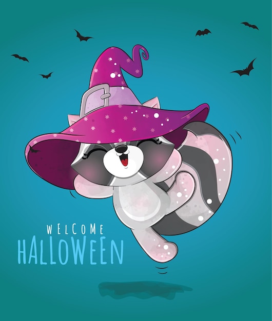 Lindo animal pequeño mapache feliz halloween ilustración - lindo animal acuarela mapache personaje