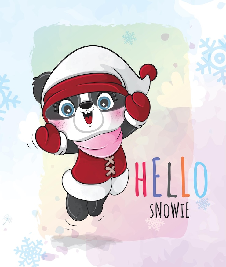 Vector gratuito lindo animal pequeño panda feliz diciembre en la ilustración de nieve. panda lindo animal acuarela
