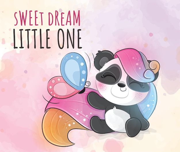 Lindo animal pequeño panda unicornio con ilustración de mariposa- lindo animal acuarela panda personaje