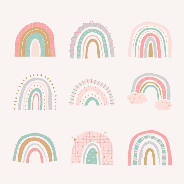 Lindo arco iris en el conjunto de vectores de estilo doodle