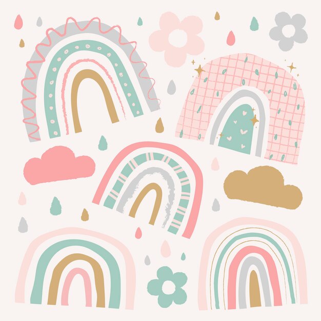 Lindo arco iris en el conjunto de vectores de estilo doodle