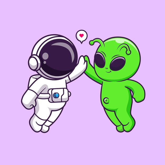 Lindo astronauta y alienígena alto cinco dibujos animados Vector icono ilustración ciencia tecnología aislada plana