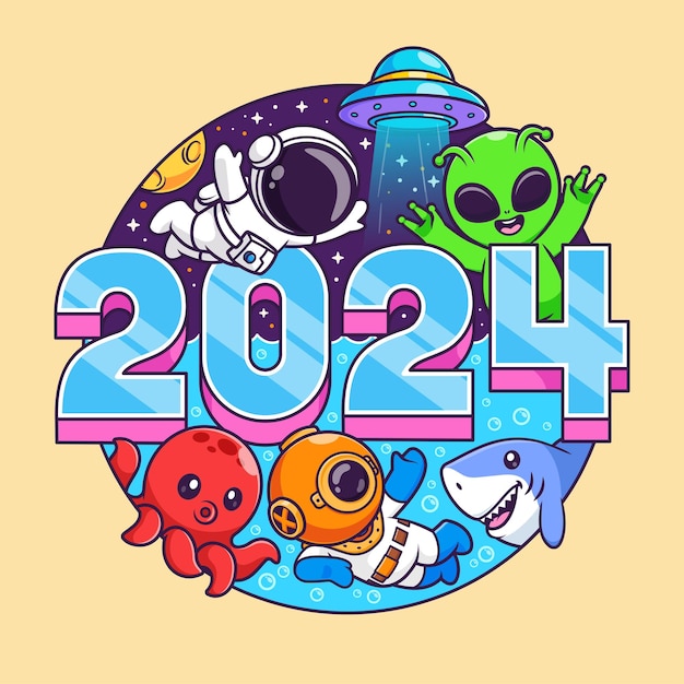 Vector gratuito lindo astronauta alienígena buzo pulpo y tiburón jugando en el año 2024 icono vectorial de dibujos animados aislado