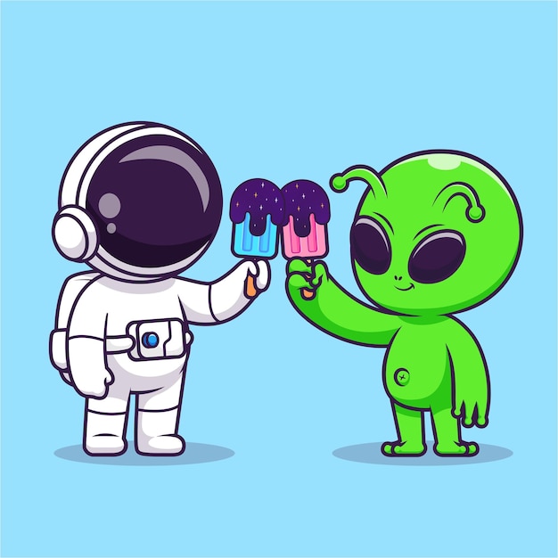 Vector gratuito lindo astronauta y alienígena comiendo helado juntos dibujos animados vector icono ilustración ciencia comida