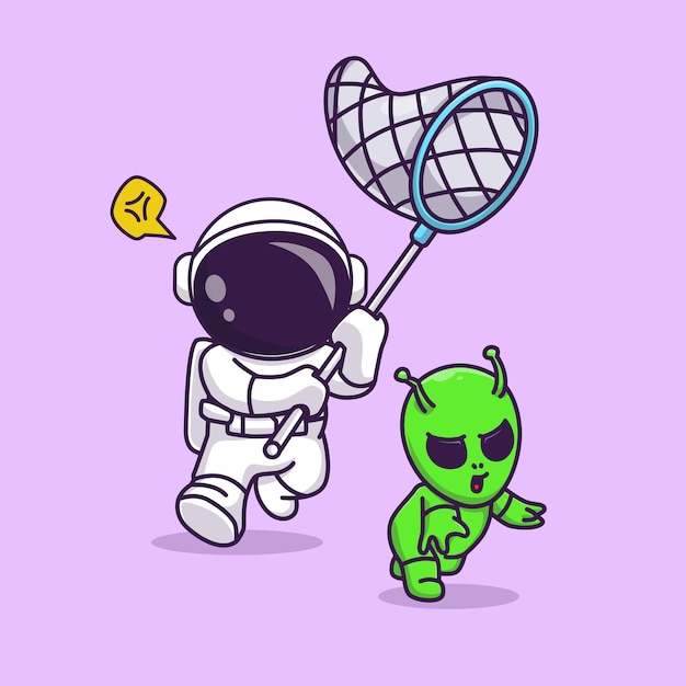 Lindo astronauta atrapando a alien con red de pesca dibujos animados vector icono ilustración ciencia tecnología