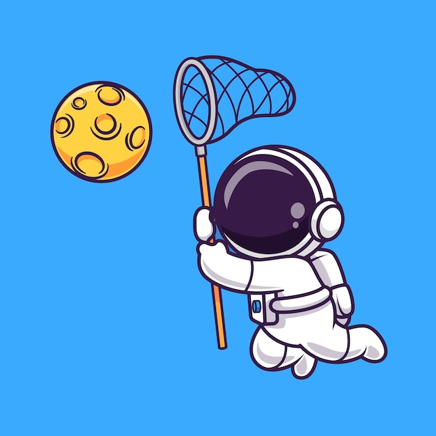 Lindo astronauta atrapando la luna con la ilustración de icono de vector de dibujos animados de red de pesca. tecnología científica