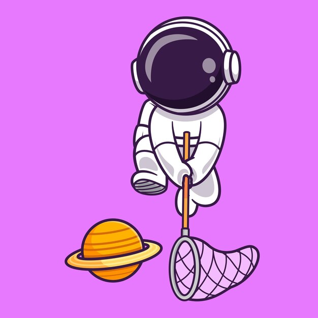 Lindo astronauta atrapando planeta con red de pesca Dibujos animados Vector Icono Ilustración Ciencia Tecnología