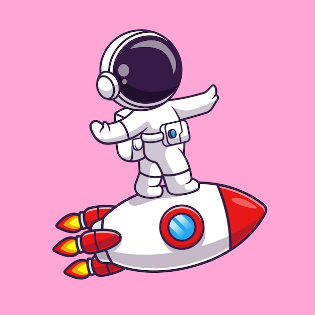 Lindo astronauta bailando en la ilustración de icono de vector de dibujos animados de cohete. icono de ciencia tecnología aislado