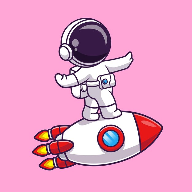 Lindo astronauta bailando en la ilustración de icono de vector de dibujos animados de cohete. Icono de ciencia tecnología aislado