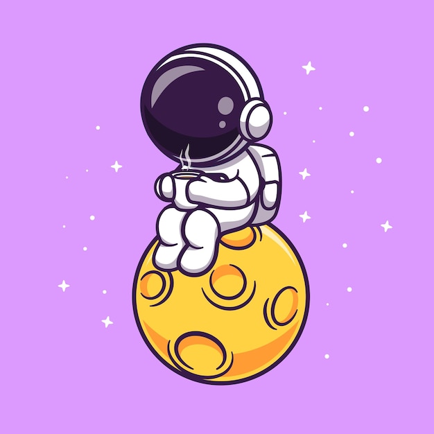 Vector gratuito lindo astronauta bebiendo café en la ilustración del icono del vector de dibujos animados de la luna. bebida científica aislada plana