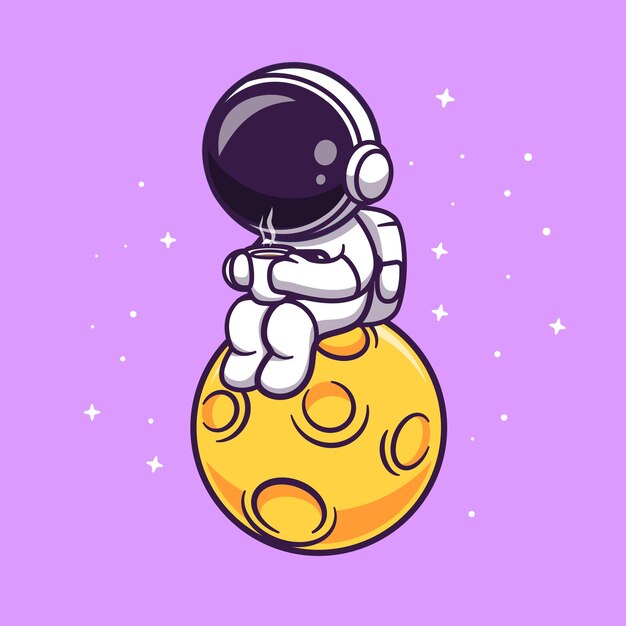 Lindo astronauta bebiendo café en la ilustración del icono del vector de dibujos animados de la luna. Bebida científica aislada plana