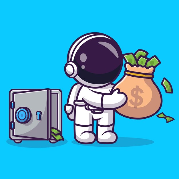 Lindo astronauta con bolsa de dinero y caja de seguridad Dibujos animados Vector Icono Ilustración Ciencia Finanzas