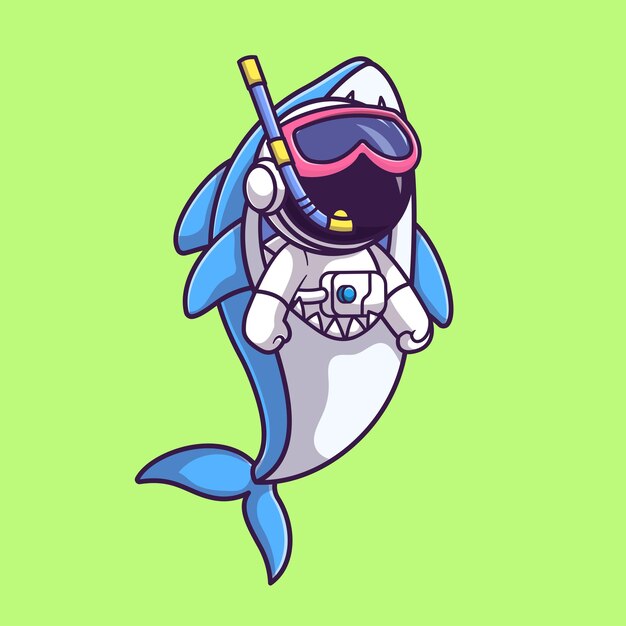 Lindo astronauta buceando con traje de tiburón Dibujos animados Vector Icono Ilustración. Icono de animales de ciencia