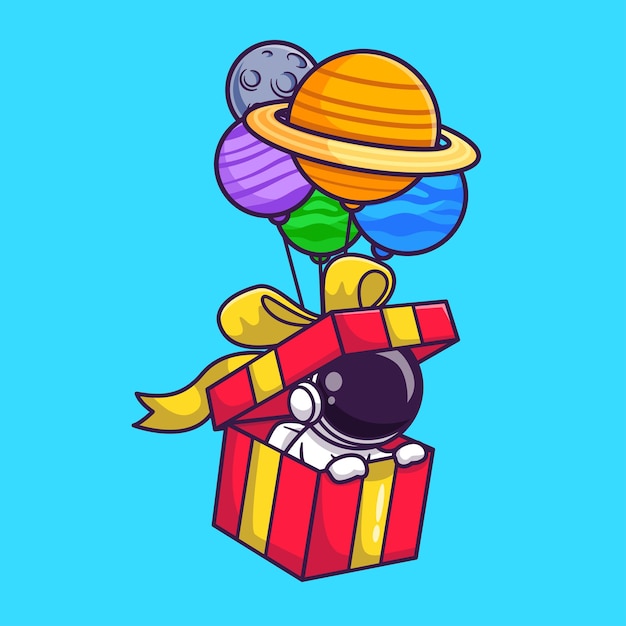 Lindo astronauta en caja flotando con planeta globo dibujos animados Vector icono ilustración dibujos animados planos