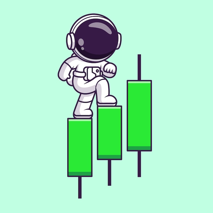 Vector gratuito lindo astronauta caminando sobre candelabro crecimiento alcista dibujos animados vector icono ilustración finanzas plano