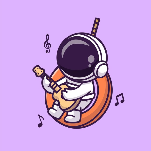 Lindo astronauta cantando con guitarra en Swing Cartoon Vector IconIllustration. Icono de música de ciencia plana