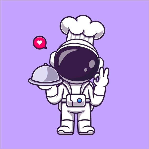 Vector gratuito lindo astronauta chef sosteniendo sirviendo comida dibujos animados vector icono ilustración ciencia comida aislada