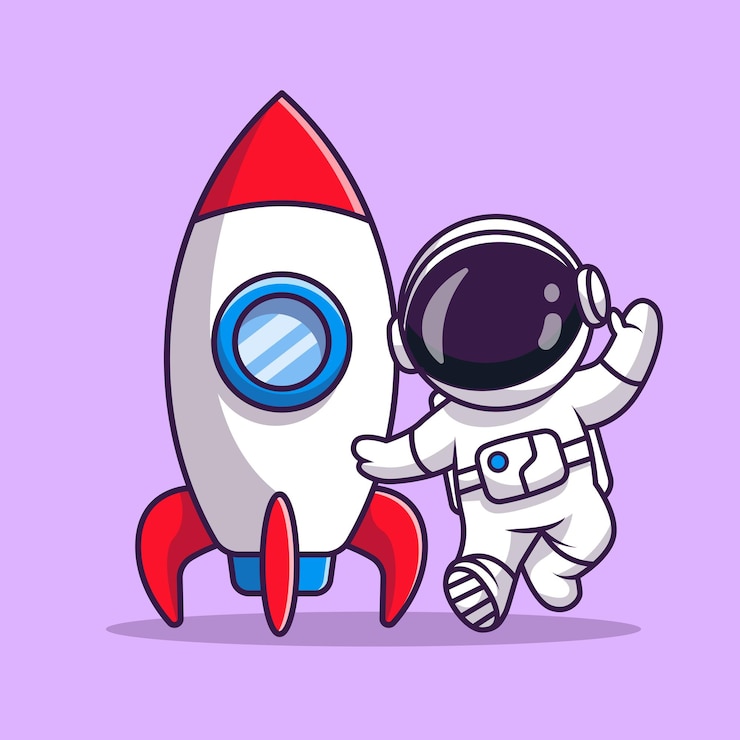 Vector gratuito lindo astronauta con cohete y mano agitando dibujos animados vector icono ilustración ciencia tecnología plana