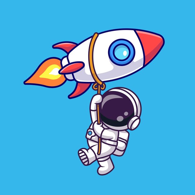 Lindo Astronauta Colgando De Cohete Con Cuerda Dibujos Animados Vector Icono Ilustración Ciencia Tecnología Plana