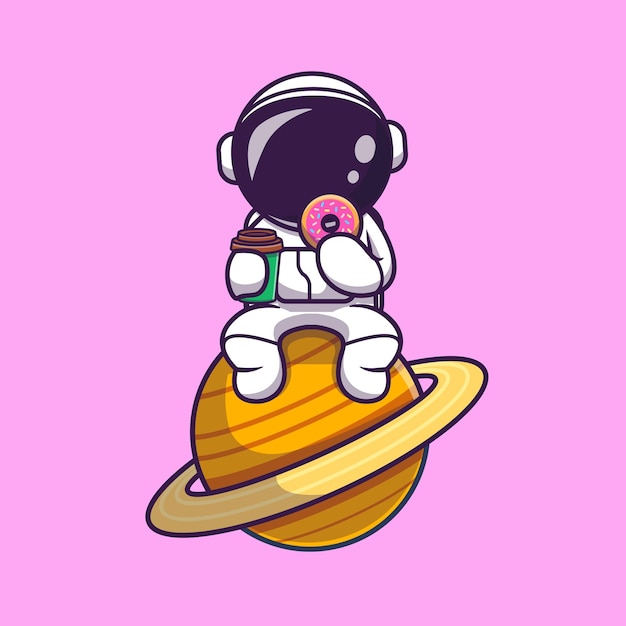 Lindo astronauta comiendo donut y sosteniendo la taza de café en la luna de dibujos animados