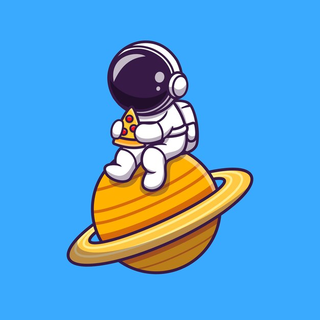 Lindo astronauta comiendo pizza en la caricatura del planeta