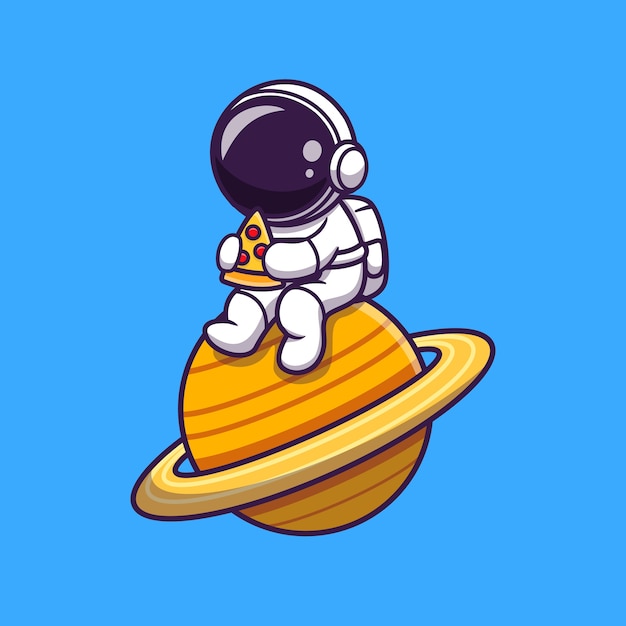 Lindo astronauta comiendo pizza en la caricatura del planeta