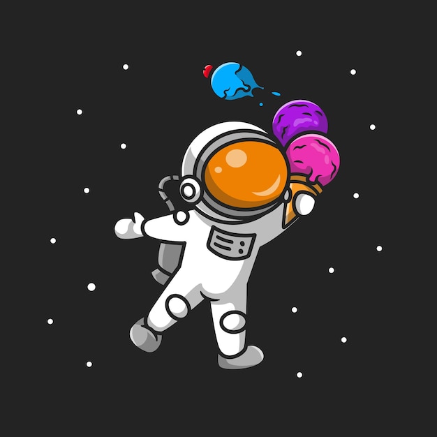 Lindo astronauta con dibujos animados de cono de helado