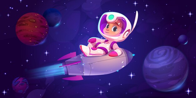 Lindo astronauta de dibujos animados volando en cohete en el espacio