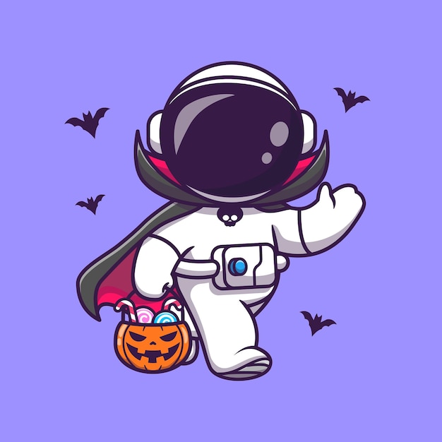 Lindo astronauta Drácula sosteniendo el icono de vector de dibujos animados de caramelo de cesta de calabaza. Concepto de icono de vacaciones de ciencia aislado Vector Premium. Estilo de dibujos animados plana