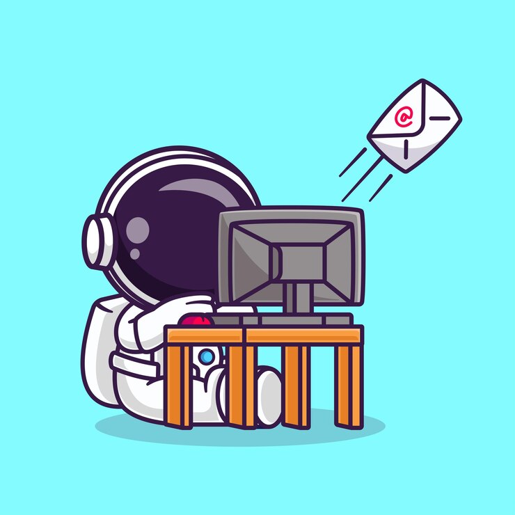 Vector gratuito lindo astronauta enviar sobre de correo con ilustración de icono de vector de dibujos animados de computadora. tecnología científica