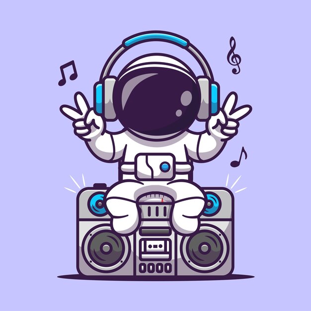 Lindo astronauta escuchando con BoomBox Cartoon Vector Icon Illustratiod. Ciencia tecnología icono concepto aislado Premium Vector. Estilo de dibujos animados plana