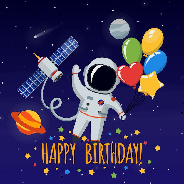 Lindo astronauta en el espacio ultraterrestre. felicitaciones feliz cumpleaños. fondo de ilustración vectorial