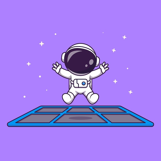 Vector gratuito lindo astronauta feliz jugando trampolín en el espacio dibujos animados vector icono ilustración ciencia techno