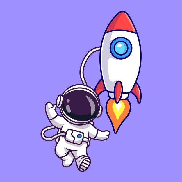 Lindo astronauta flotando con cohete en el espacio Cartoon Vector icono ilustración. Tecnología científica