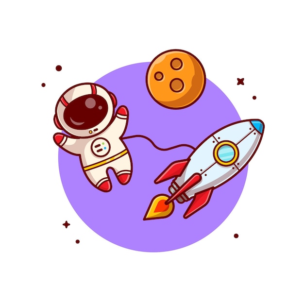 Lindo astronauta flotando con cohete en la ilustración de icono de dibujos animados de espacio.