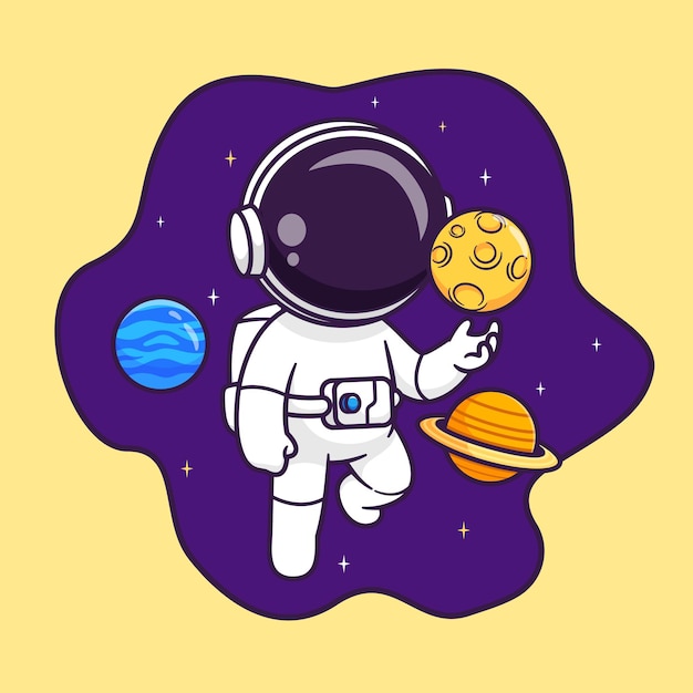 Lindo astronauta flotando en el espacio con el planeta y la luna dibujos animados vector icono ilustración ciencia tecnología