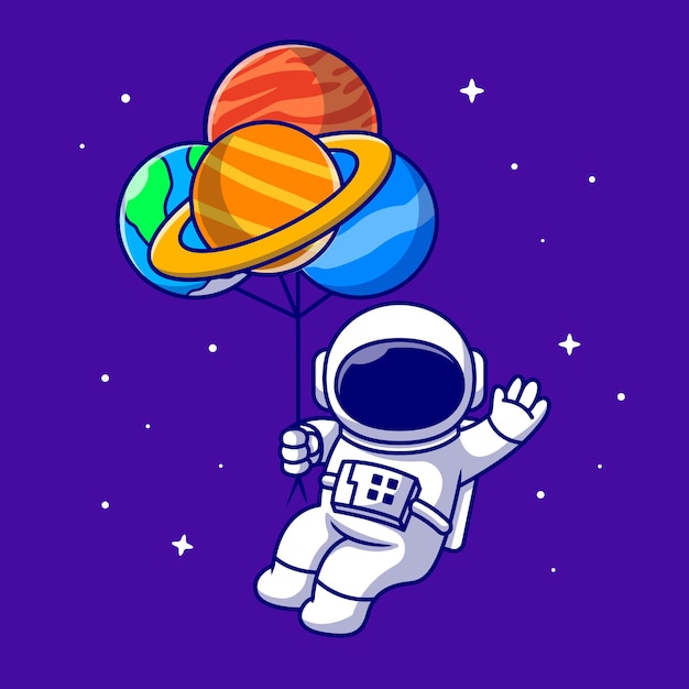 Vector gratuito lindo astronauta flotando con globos de planeta en el espacio de dibujos animados icono ilustración. icono de ciencia de tecnología aislado. estilo de dibujos animados plana