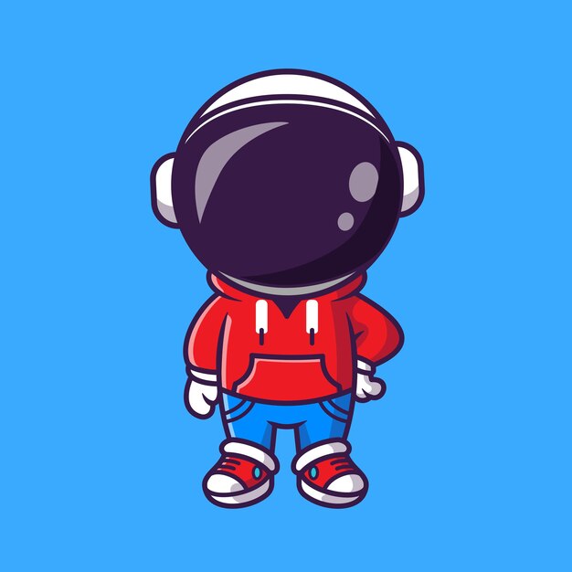 Lindo astronauta fresco con chaqueta y jeans ilustración de icono de Vector de dibujos animados. Concepto de icono de moda de ciencia aislado Vector Premium. Estilo de dibujos animados plana