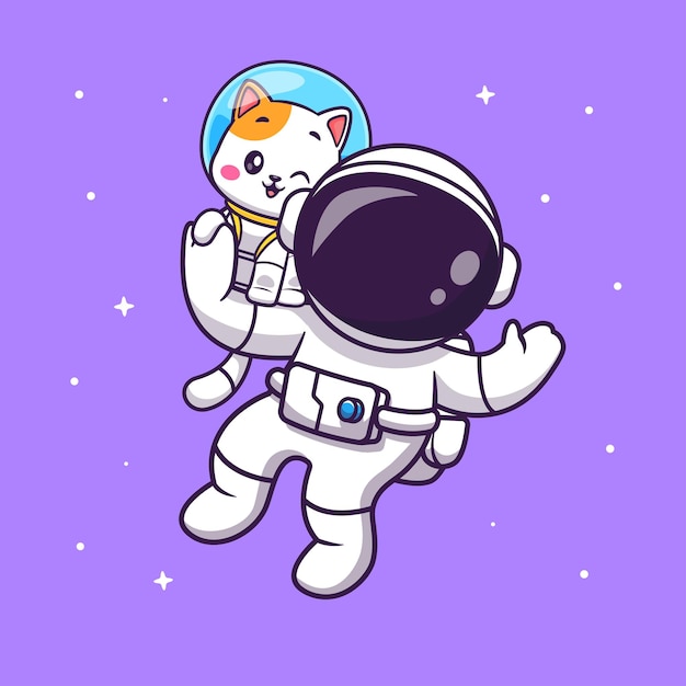 Lindo astronauta con gato flotando en la ilustración de icono de vector de dibujos animados de espacio. ciencia animal aislado