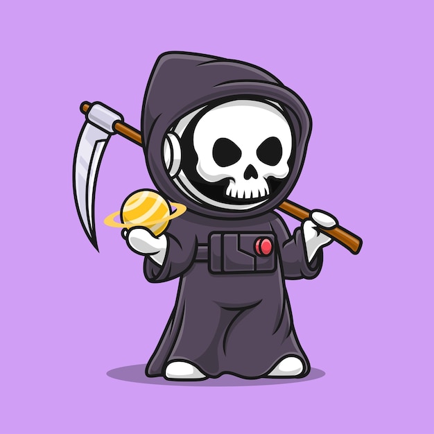 Vector gratuito lindo astronauta grim reaper con planeta cartoon vector icono ilustración ciencia vacaciones aislado