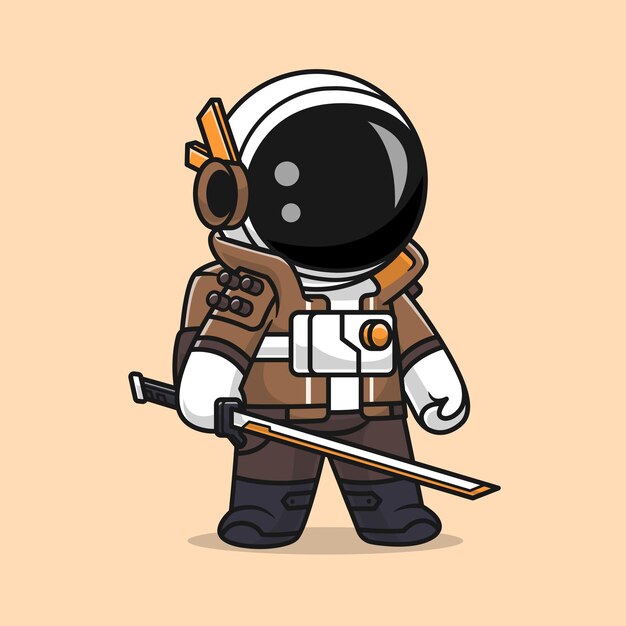 Lindo astronauta guerrero sosteniendo espada dibujos animados Vector icono ilustración ciencia vacaciones aislado plano