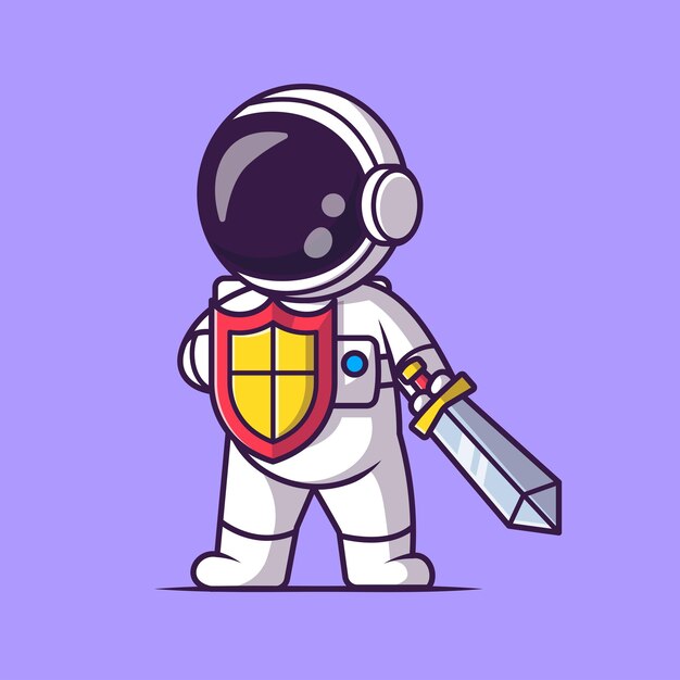 Lindo astronauta guerrero sosteniendo espada y escudo Cartoon Vector icono ilustración. Tecnología científica