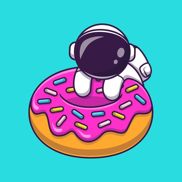 Lindo astronauta con ilustración de icono de Vector de dibujos animados de Donut. Concepto de icono de comida de ciencia aislado Vector Premium. Estilo de dibujos animados plana