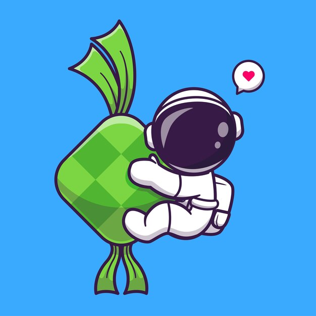 Lindo astronauta con ilustración de icono de vector de dibujos animados de Ketupat Concepto de icono de alimentos de ciencia aislado Vector premium. Estilo de dibujos animados plana