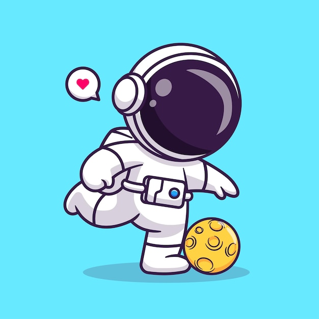 Lindo astronauta jugando al fútbol con la bola de la luna Dibujos animados Vector Icono Ilustración Ciencia Deporte Plano