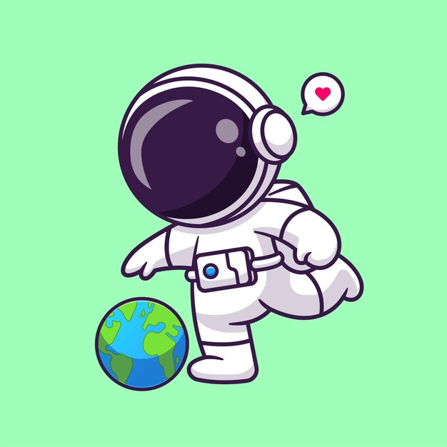 Lindo astronauta jugando al fútbol con la bola del planeta Tierra Dibujos animados Vector Icono Ilustración Ciencia Deporte