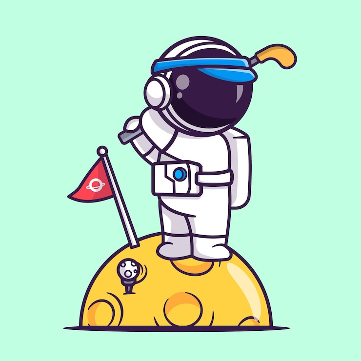 Vector gratuito lindo astronauta jugando al golf en la ilustración del icono del vector de dibujos animados de la luna. icono de deporte de ciencia aislado